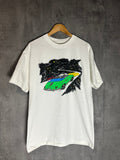 Vintage 90s Hanes heavyweight white t-shirt with a graphic of a green Porsche racing through the stars on the front and text on the back.