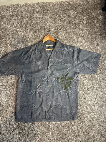 Tommy Bahama Y2K 100% Silk Palm Tree Shirt - Tonal Gray Design Medium