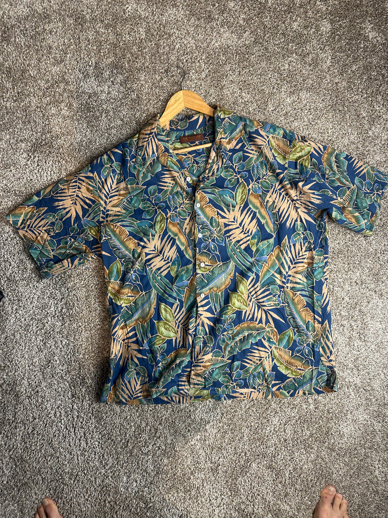 Tori Richard Honolulu Tropical Leaf Print Shirt - Blue and Green XL