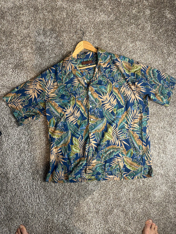Tori Richard Honolulu Tropical Leaf Print Shirt - Blue and Green XL
